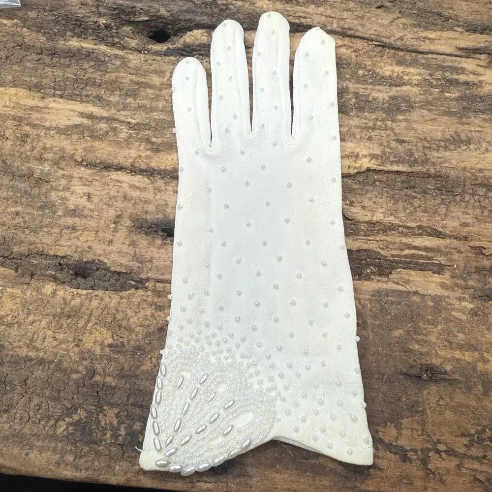 Vintage La Regale Ivory Pearl Beaded Nylon Stretch Gloves Original Box